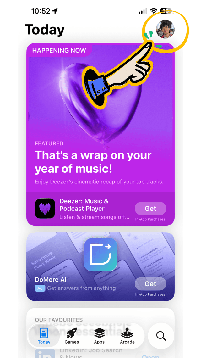 App Store with profile icon highlighted