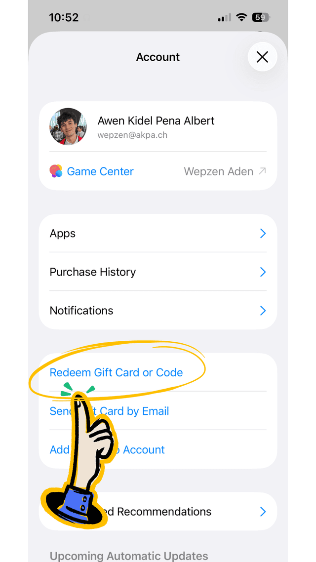 Redeem Gift Card or Code option in Account